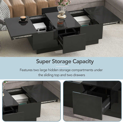 Coffee Table with 2 large Hidden Storage Compartment, Extendable Cocktail Table with 2 Drawers, High-gloss Center Table with Sliding Top for Living Room, 39.3"x21.6", Black - luxuryhomedecoridea.com
