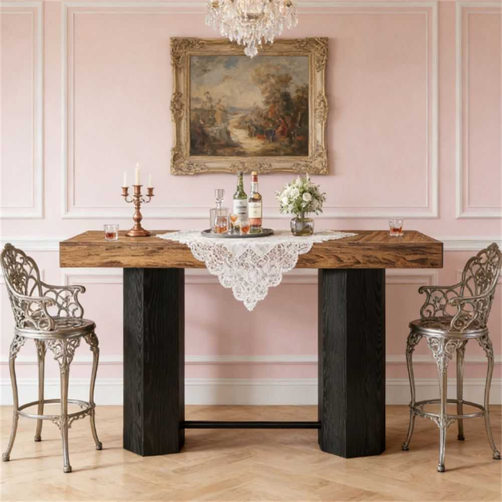 71" Industrial Bar Table - Counter Height Pub Table with Woodgrain Finish - luxuryhomedecoridea.com