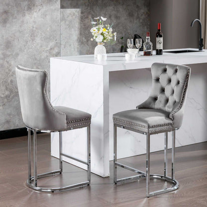 26" Counter Height Bar Stools Set of 2, Modern Velvet Barstools with Button Back&Rivet Trim Upholstered Kitchen Island Chairs with Sturdy Chromed Metal Base Legs Farmhouse Bar Stools, (Gray,2 Pack) - luxuryhomedecoridea.com