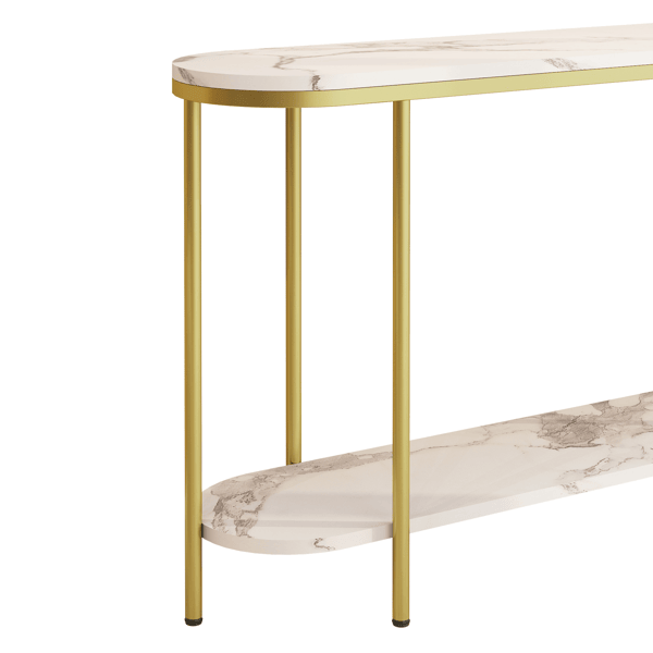 2-Tier Oval Console Table, White Faux Marble Top with Gold Metal Frame, Modern Entryway Table with Open Shelf, 42.1"×11.4"×30.5" Narrow Sofa Table for Hallway, Living Room & Foyer - luxuryhomedecoridea.com