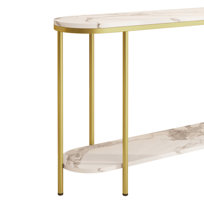 2-Tier Oval Console Table, White Faux Marble Top with Gold Metal Frame, Modern Entryway Table with Open Shelf, 42.1"×11.4"×30.5" Narrow Sofa Table for Hallway, Living Room & Foyer - luxuryhomedecoridea.com