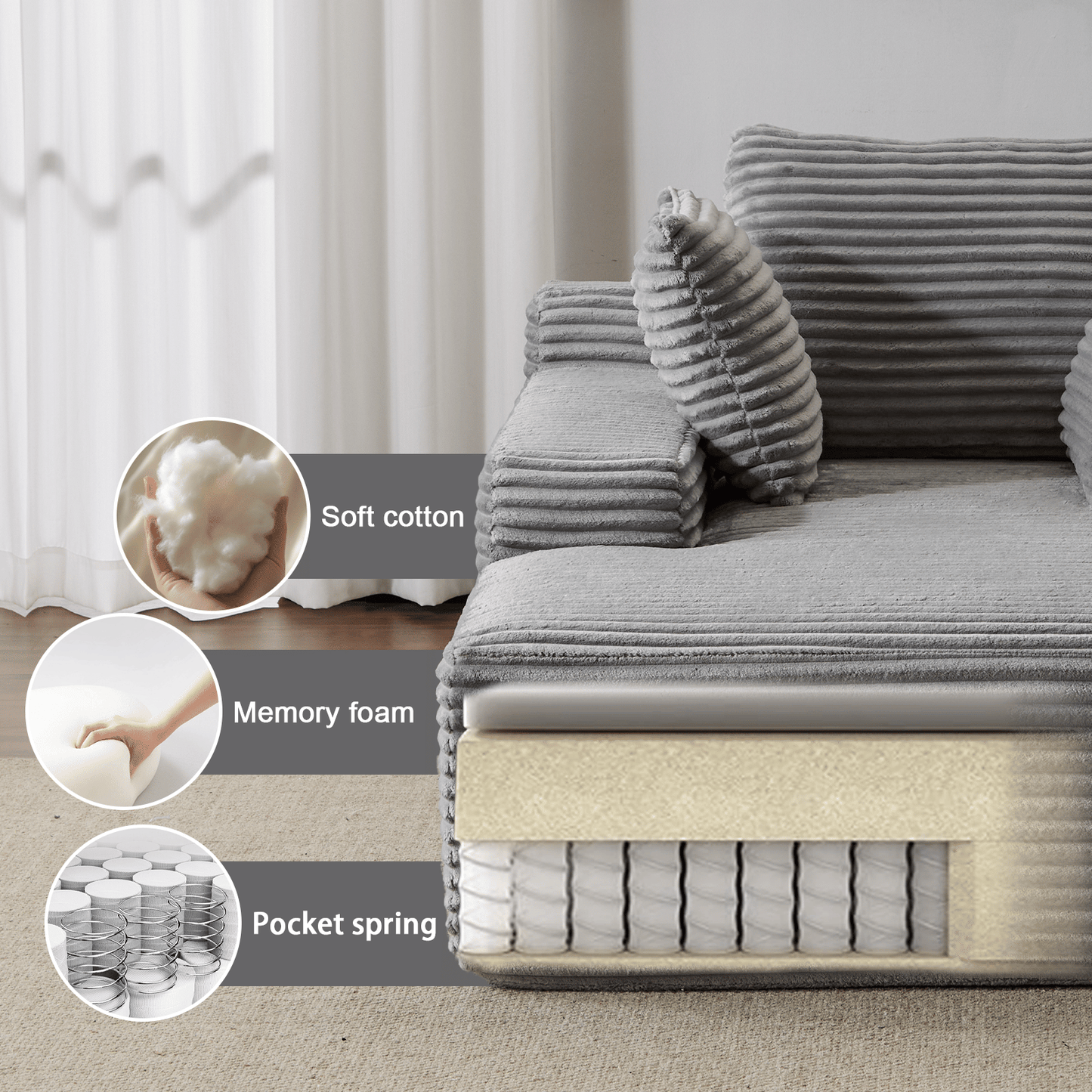 Double Chaise Lounge Chair Indoor,Oversized Upholstered Sleeper Cloud Couch,Deep Seat Luxury Sofa Bed,Sectional Sofa Chaise Love-seat,Corduroy Reading Chair for Living Room,No Assembly Required - luxuryhomedecoridea.com