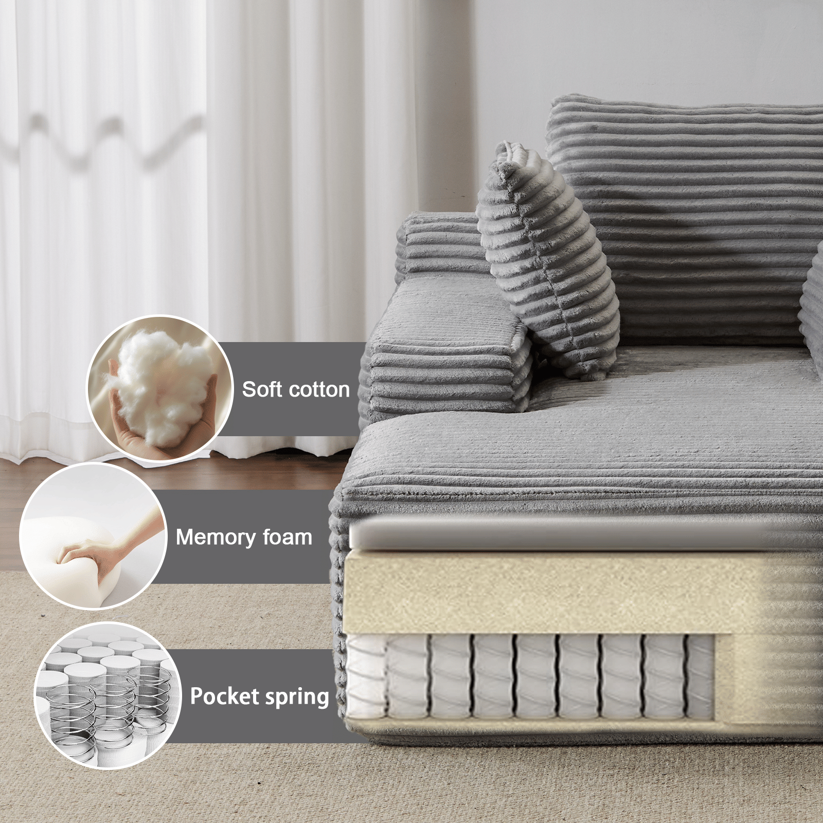 Double Chaise Lounge Chair Indoor,Oversized Upholstered Sleeper Cloud Couch,Deep Seat Luxury Sofa Bed,Sectional Sofa Chaise Love-seat,Corduroy Reading Chair for Living Room,No Assembly Required - luxuryhomedecoridea.com