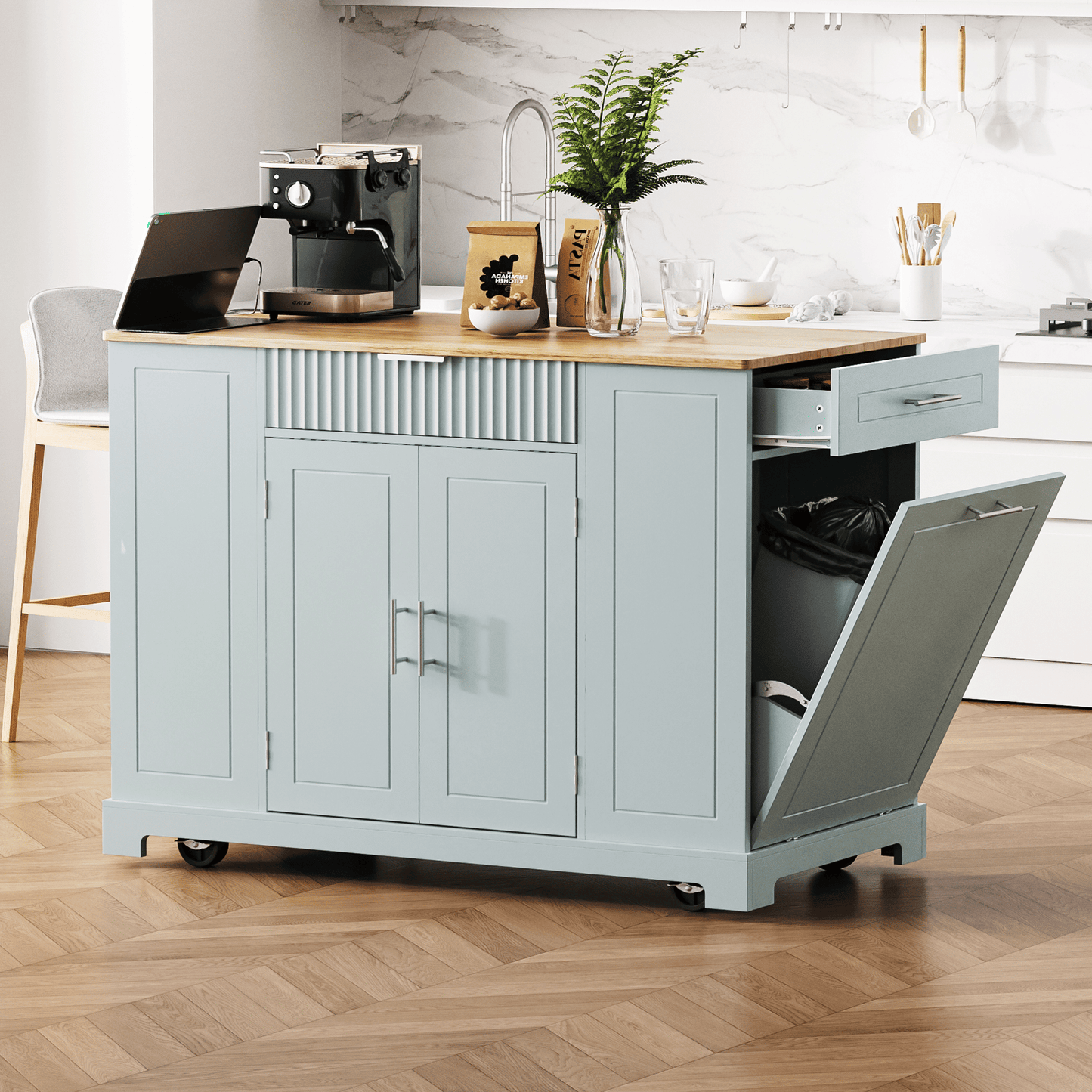 Fluted Kitchen Island with Trash Can Storage Cabinet, Power Outlet, Internal Storage Rack, Rolling Kitchen Islands on 5 Wheels with 3 Drawer, 3 Open Side Racks for 10 Gallon Garbage Bin - luxuryhomedecoridea.com