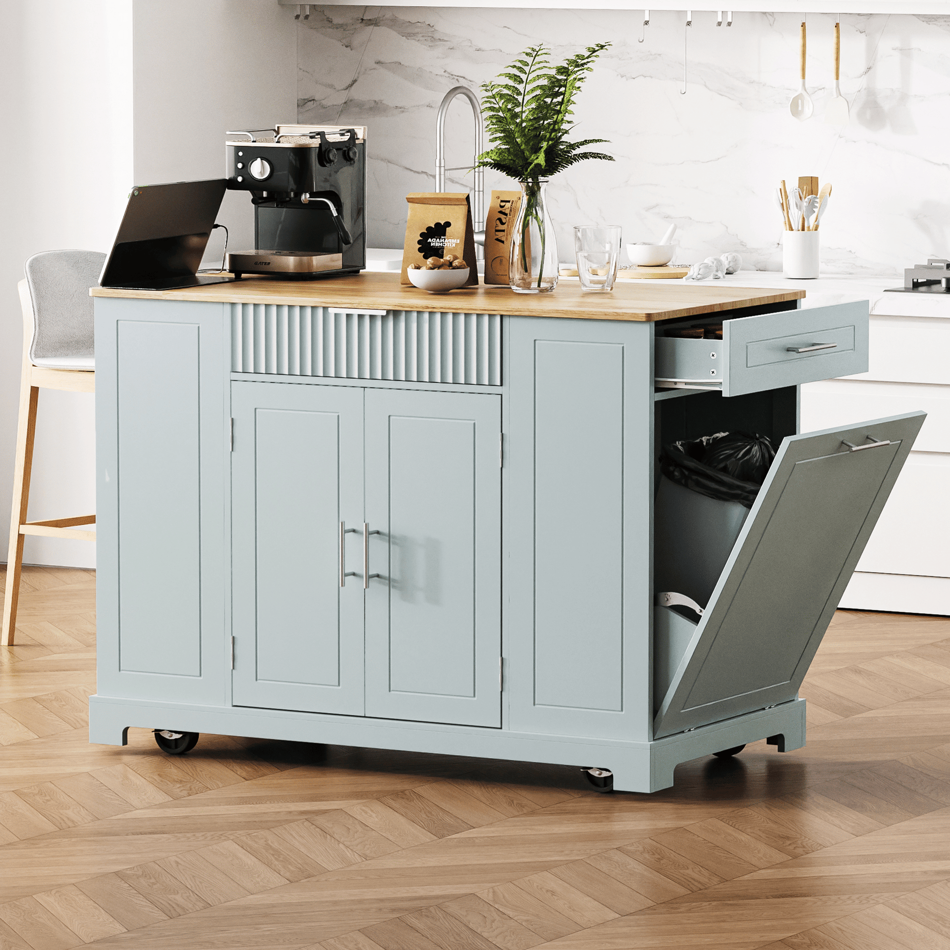 Fluted Kitchen Island with Trash Can Storage Cabinet, Power Outlet, Internal Storage Rack, Rolling Kitchen Islands on 5 Wheels with 3 Drawer, 3 Open Side Racks for 10 Gallon Garbage Bin - luxuryhomedecoridea.com