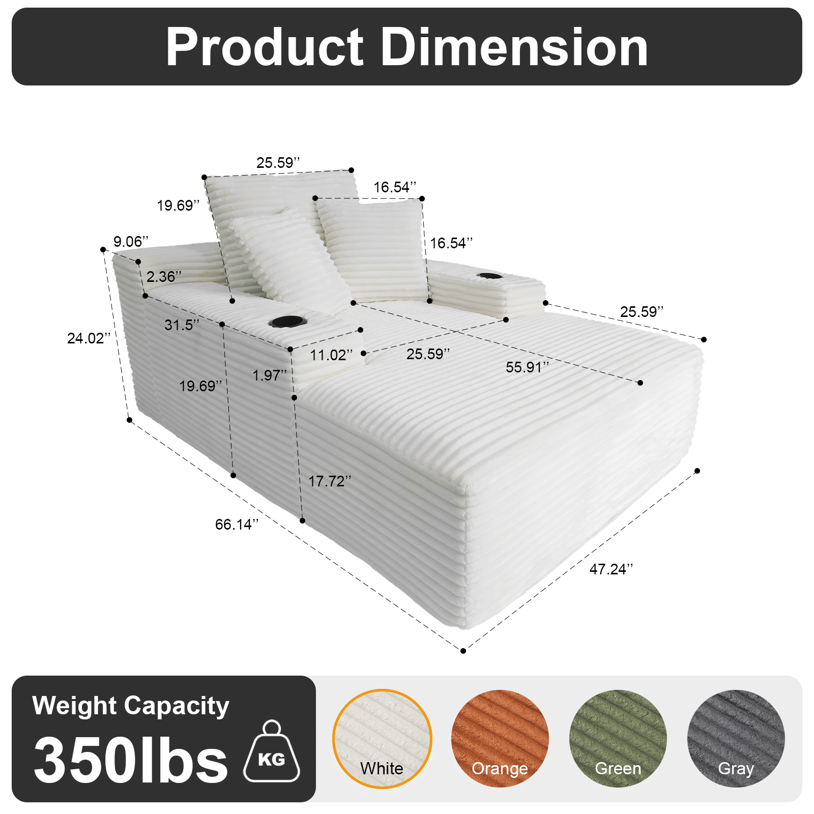 66" Oversized Corduroy Chaise Lounge Chair | Indoor Single Sleeper Sofa Bed with 3 Soft Pillows & Cup Holder - Modern Cloud Couch for Living Room/Office (White) - luxuryhomedecoridea.com