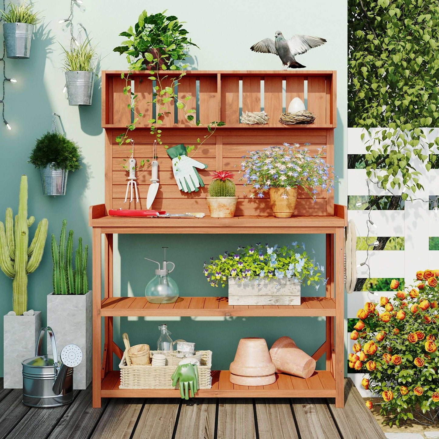 65" Large Wooden Farmhouse Rustic Outdoor Potting Bench Table; Patio Workstation; Garden Potting Bench with 4 Storage Shelves and Side Hook - luxuryhomedecoridea.com