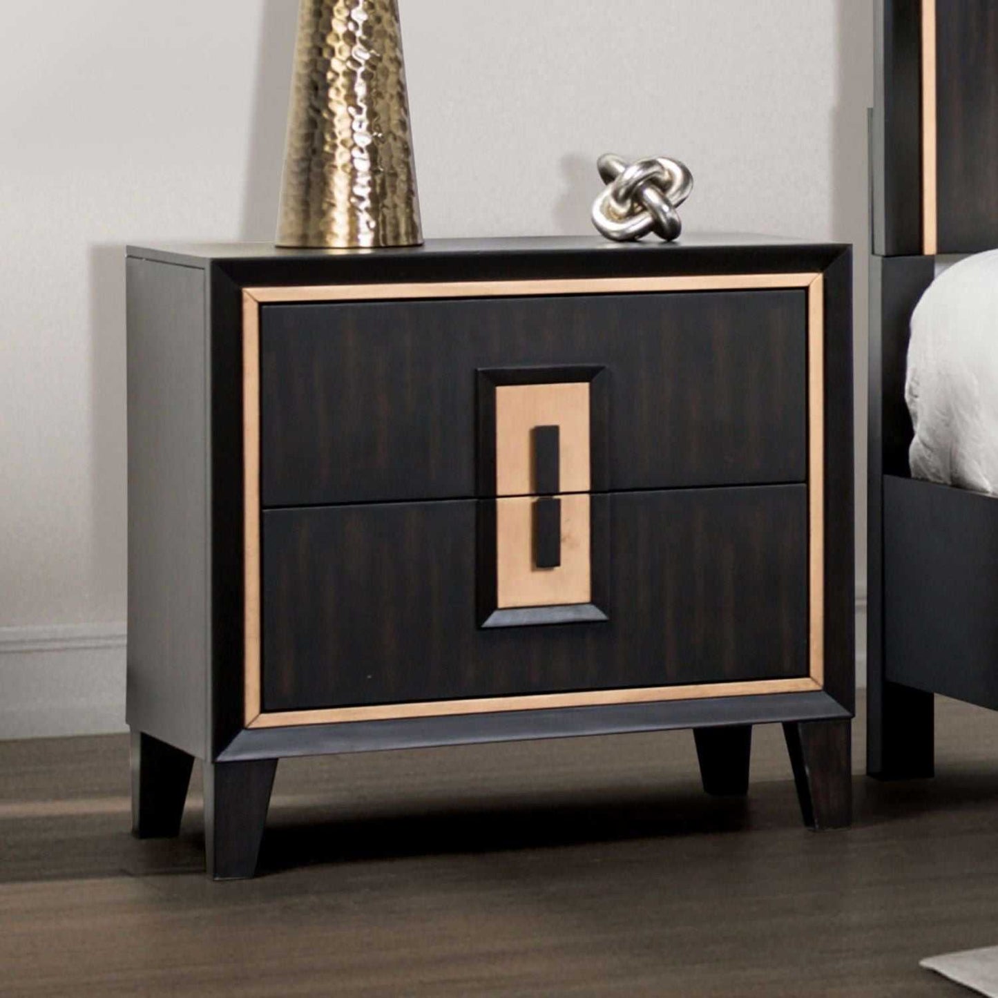 Modern Espresso Bedside Table Bedroom Furniture 1pc Nightstand Gold Accent Trim Wooden Finger Pull - luxuryhomedecoridea.com