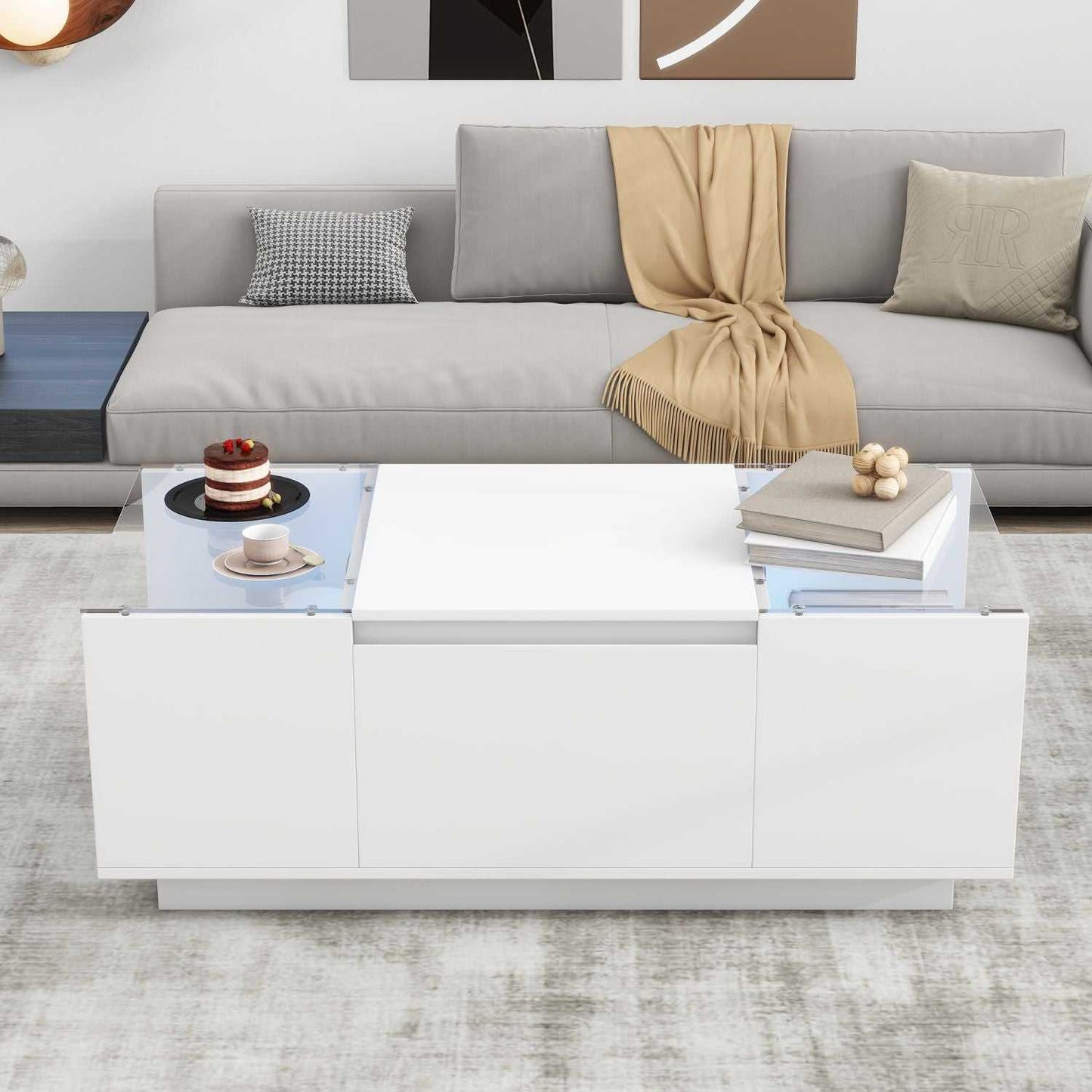 U-Can Led Coffee Table, Modern Center Table with High-Gloss Finish and Glass Tabletop, Coffee Table with Open Storage Compartment and 2 Hidden Drawers for Living Room - luxuryhomedecoridea.com