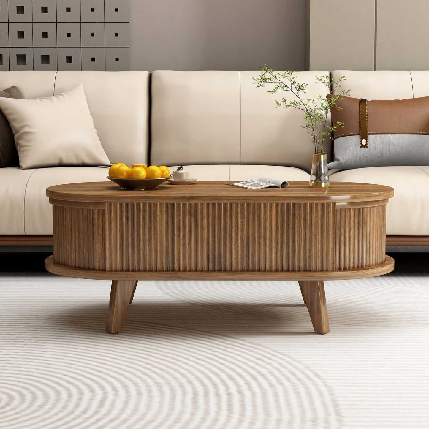 Fluted Lift Top Coffee Table with Hidden Compartment, Wooden Center Table, Modern Oval Lift Tabletop for Home Living Room Office, Walnut Brown Color - luxuryhomedecoridea.com