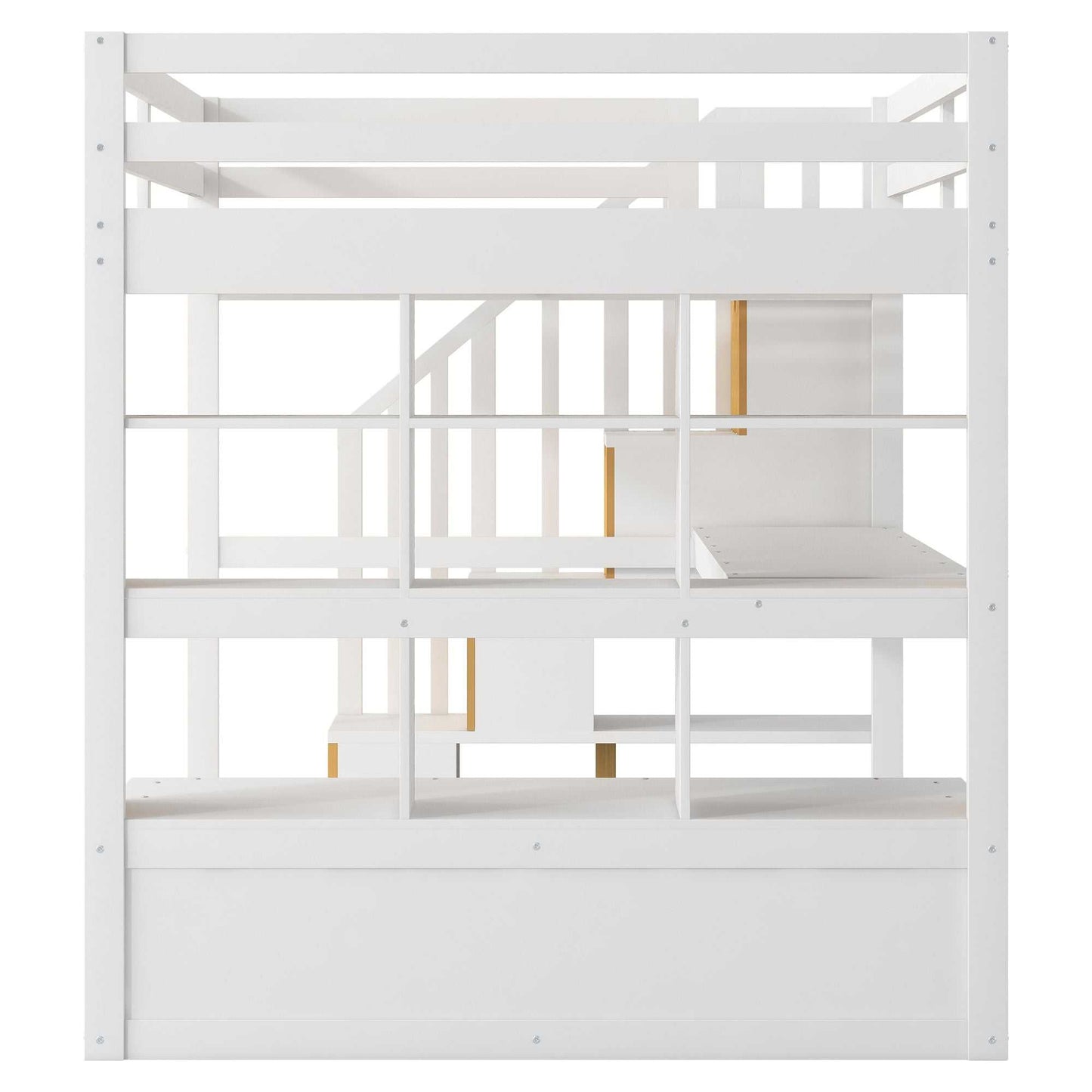 Full Size Loft Bed with Desk and Shelves, Two Built-in Drawers, Storage Staircase, White and Natural - luxuryhomedecoridea.com