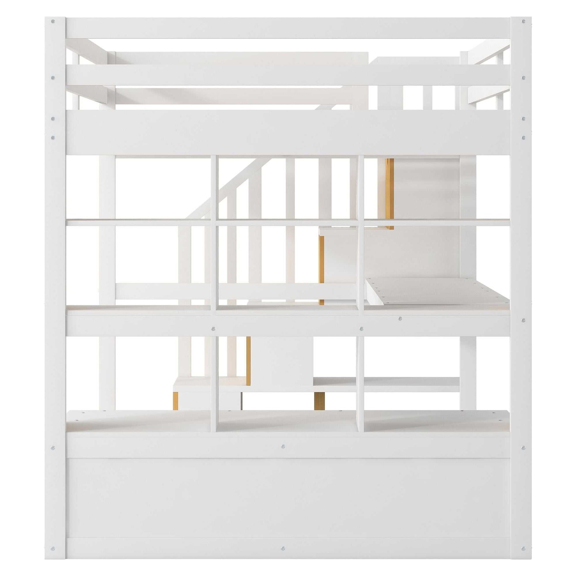 Full Size Loft Bed with Desk and Shelves, Two Built-in Drawers, Storage Staircase, White and Natural - luxuryhomedecoridea.com