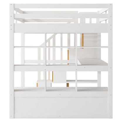Full Size Loft Bed with Desk and Shelves, Two Built-in Drawers, Storage Staircase, White and Natural - luxuryhomedecoridea.com