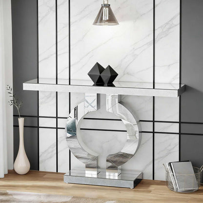 Mirrored Console Table, Modern Silver Sofa Table with O-Shaped BaseS - luxuryhomedecoridea.com
