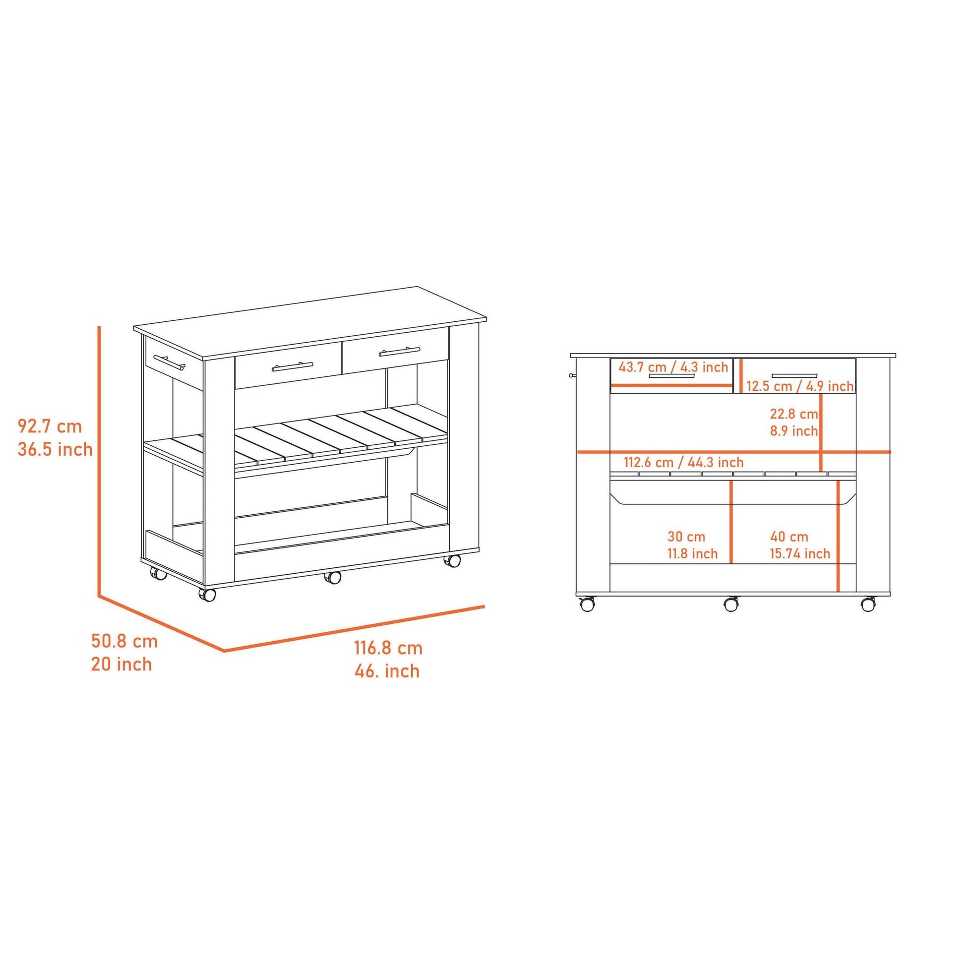 Brooklyn 46 Kitchen Island, Two Shelves, Two Drawers - luxuryhomedecoridea.com