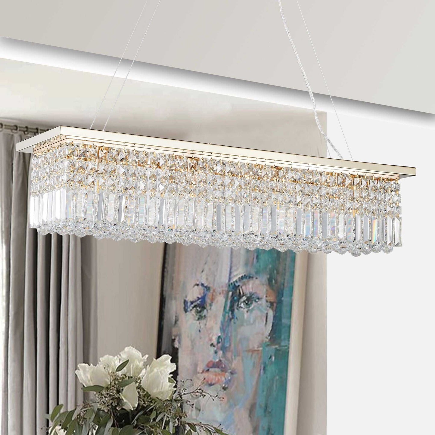 Modern Crystal Chandelier for Dining Room 8-Light Gold Rectangle Raindrop Chandelier Contemporary Rectangular Pendant Light Fixture for Kitchen Island Bar L39.4'' x W9.8'' x H8.7'(Bulb Not Included) - luxuryhomedecoridea.com