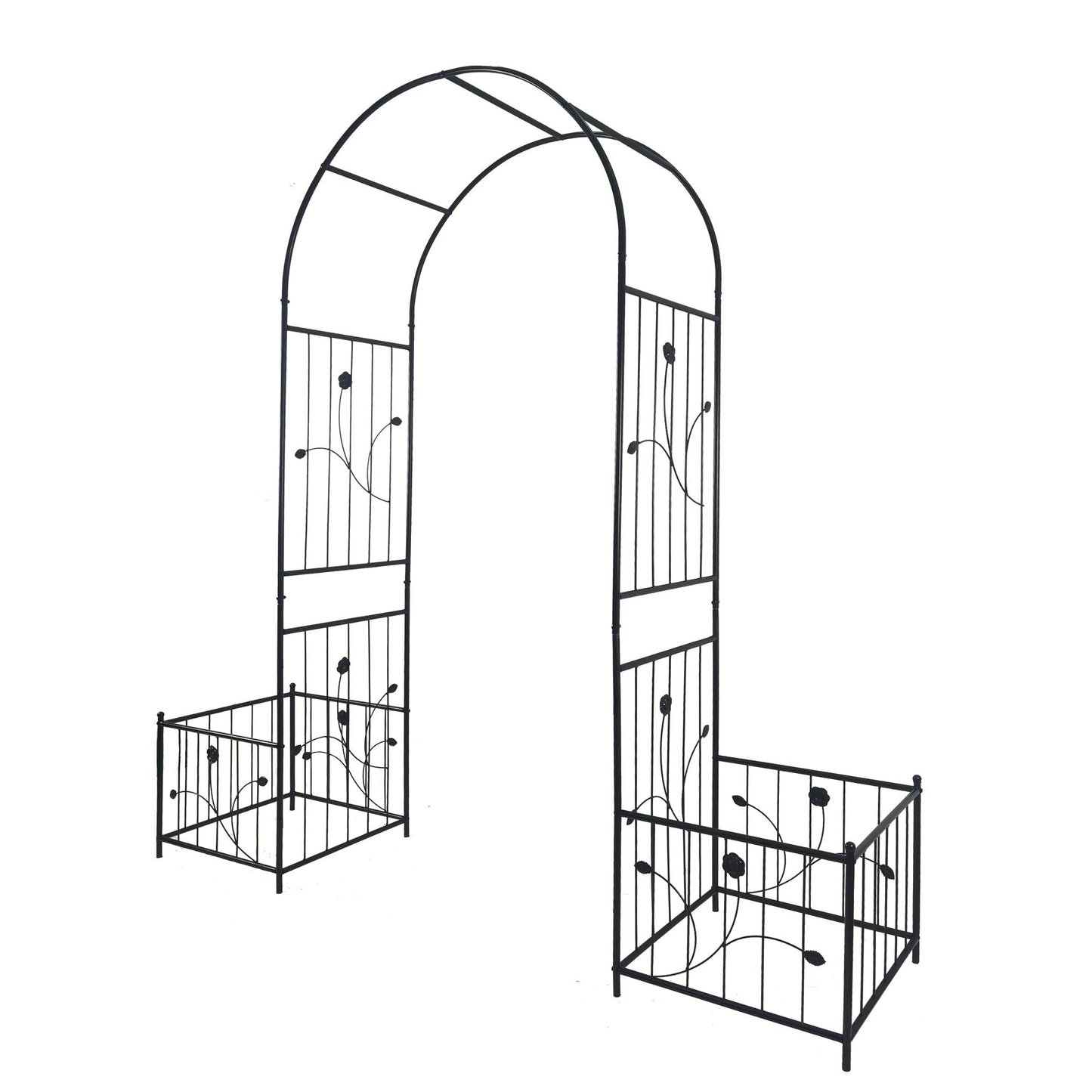 Elegant Metal Garden Arch with Dual Plant Stands - 79.5'' Wide x 86.6'' High Climbing Support for Roses & Vines - Outdoor Black Trellis Decoration - luxuryhomedecoridea.com