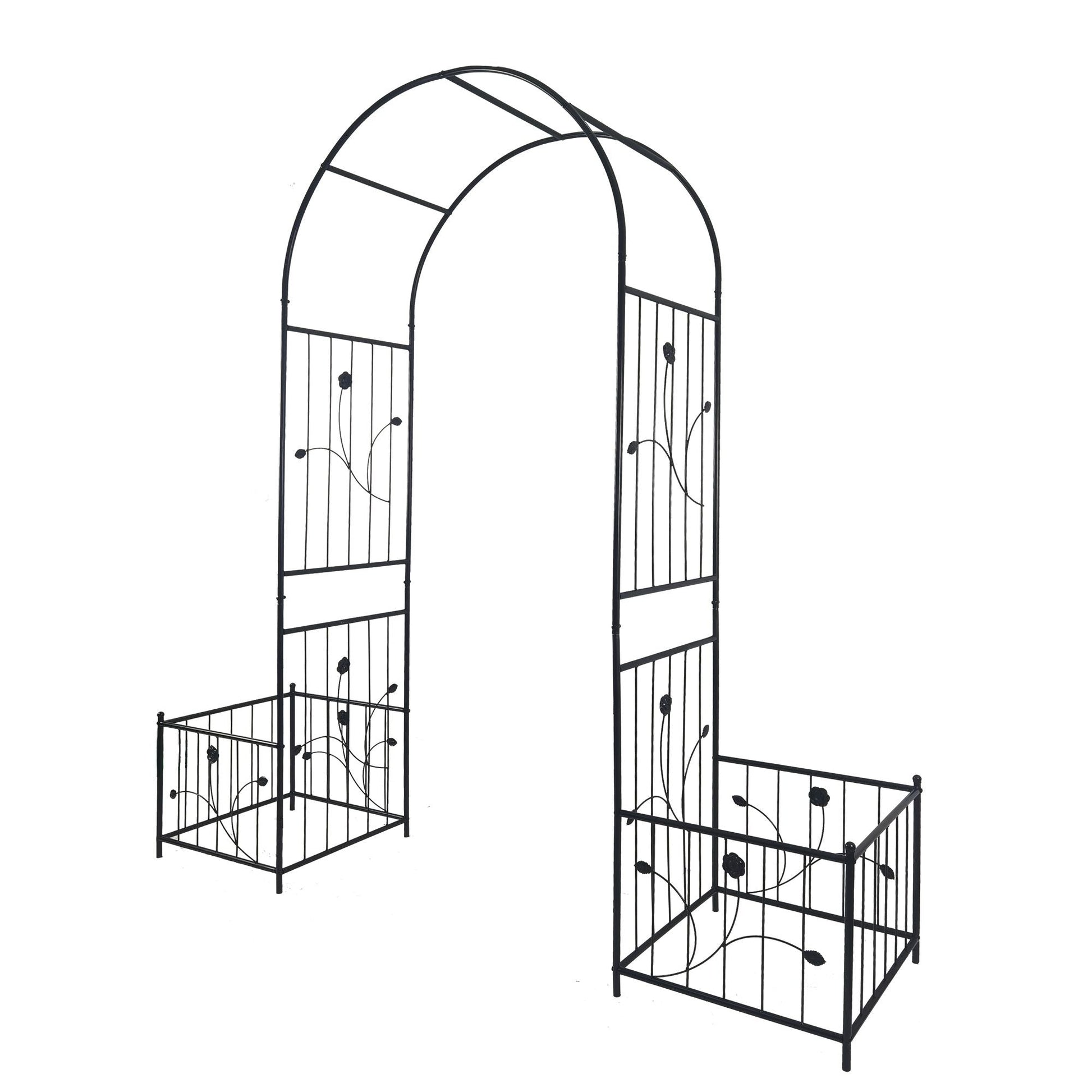 Elegant Metal Garden Arch with Dual Plant Stands - 79.5'' Wide x 86.6'' High Climbing Support for Roses & Vines - Outdoor Black Trellis Decoration - luxuryhomedecoridea.com