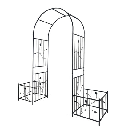 Elegant Metal Garden Arch with Dual Plant Stands - 79.5'' Wide x 86.6'' High Climbing Support for Roses & Vines - Outdoor Black Trellis Decoration - luxuryhomedecoridea.com