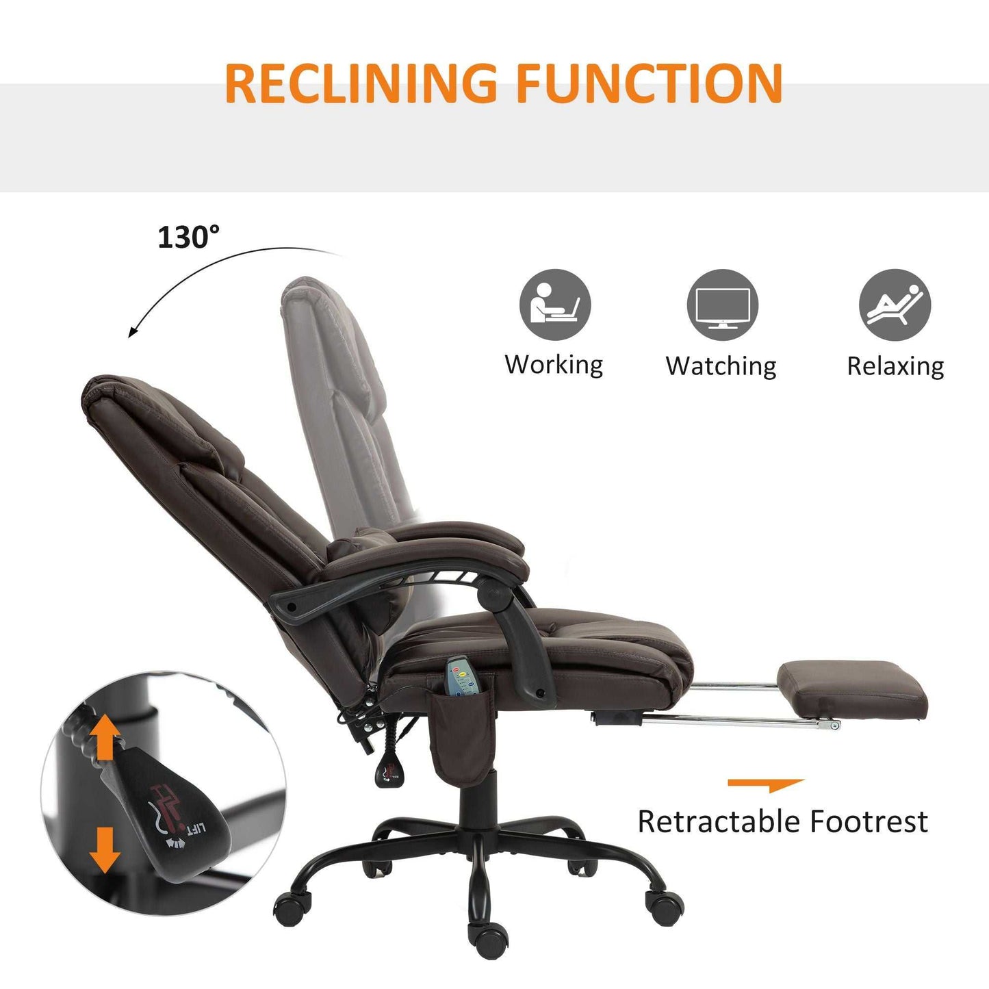 High Back PU Leather Massage Office Chair, 6 Vibration Points, Ergonomic with Footrest, Adjustable Height, Remote, Brown - luxuryhomedecoridea.com