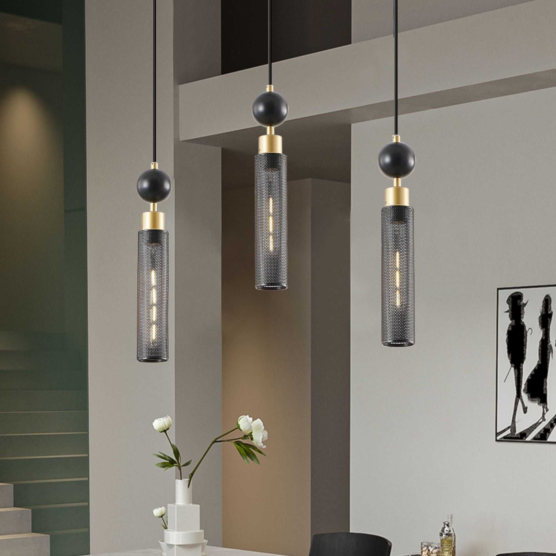 25" Modern Black and Gold 3-Light Pendant Chandelier, Adjustable Hanging Lights with Cylindrical Mesh Shades, E26 Base, Ideal for Dining Room, Kitchen Island, or Living Room Lighting (No Bulbs) - luxuryhomedecoridea.com