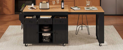 Kitchen Island with Extendable Dining Table, Kitchen Storage Table with 3 Side Open Shelves, Rolling Kitchen Island with Power Outlet, 3 Drawers, 2 Doors, for Kitchen, Dining Room, Black - luxuryhomedecoridea.com