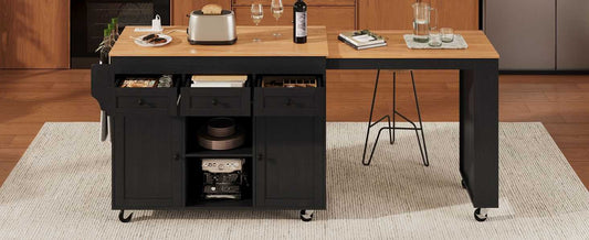 Kitchen Island with Extendable Dining Table, Kitchen Storage Table with 3 Side Open Shelves, Rolling Kitchen Island with Power Outlet, 3 Drawers, 2 Doors, for Kitchen, Dining Room, Black - luxuryhomedecoridea.com