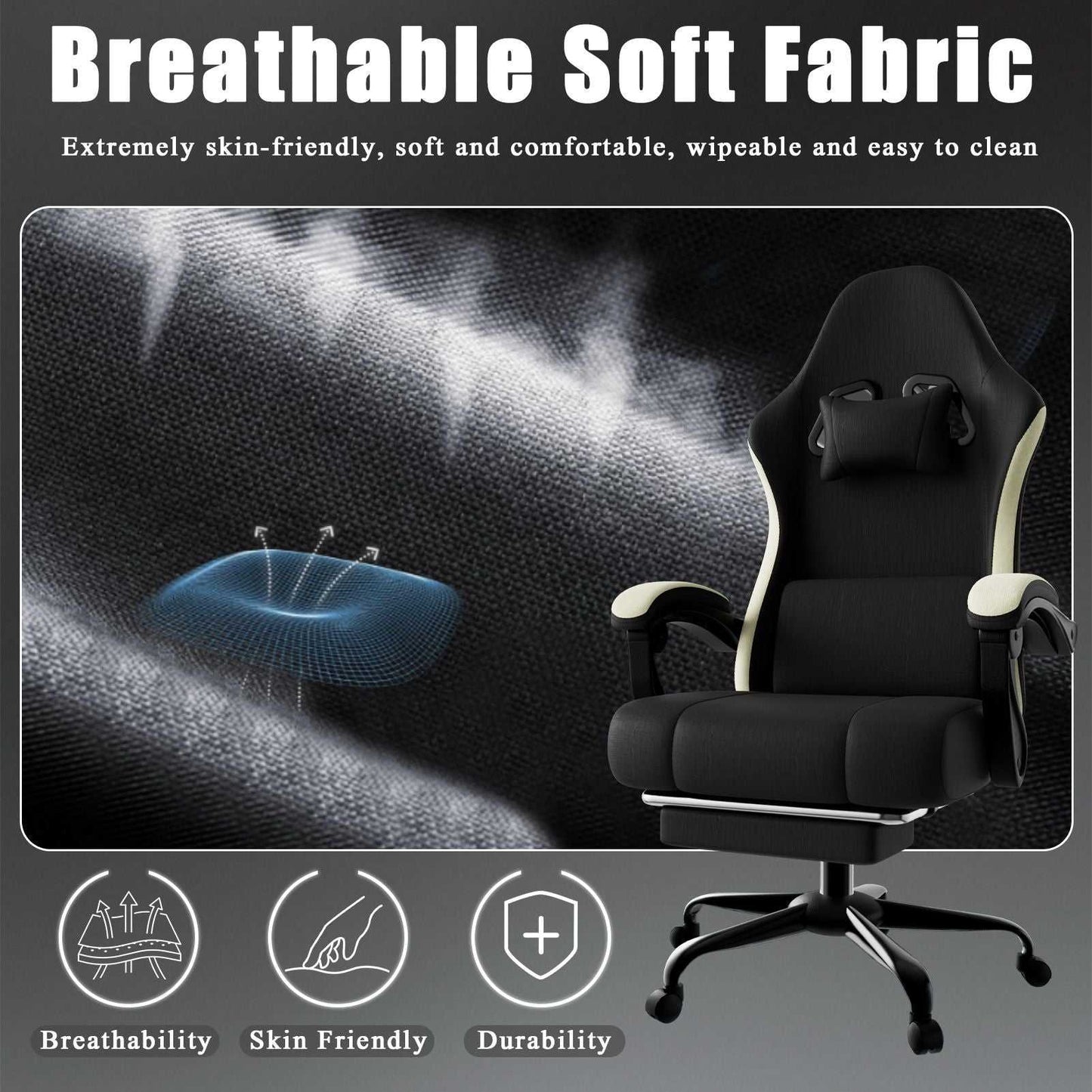 Ergonomic Gaming Chair with Pocketed Spring Cushion, Breathable Fabric Computer Chair with Footrest, Adjustable Lumbar Support Video Game Chair for Adults (Fabric) - luxuryhomedecoridea.com