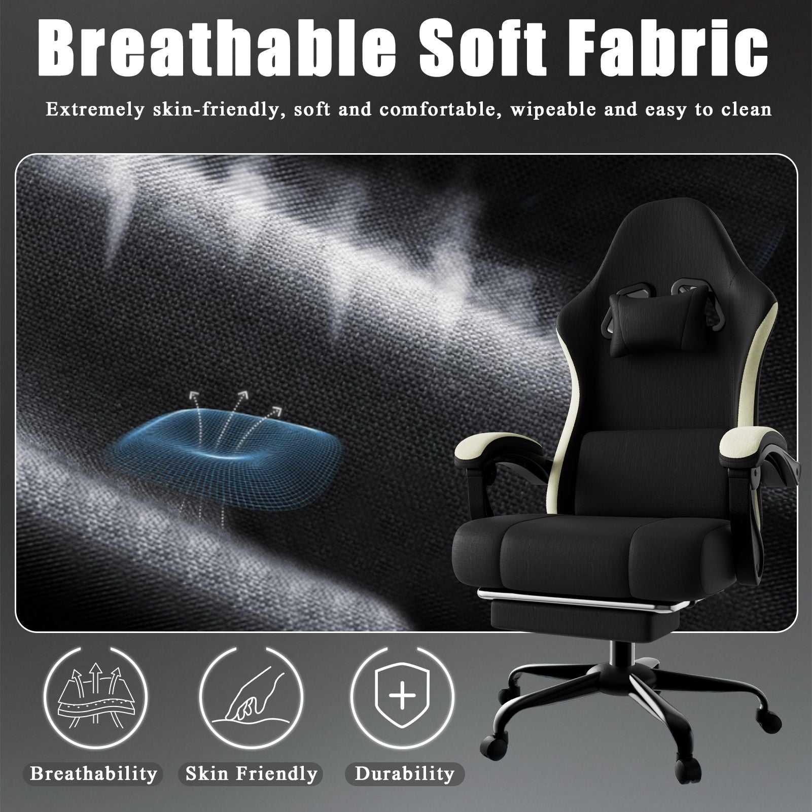 Ergonomic Gaming Chair with Pocketed Spring Cushion, Breathable Fabric Computer Chair with Footrest, Adjustable Lumbar Support Video Game Chair for Adults (Fabric) - luxuryhomedecoridea.com