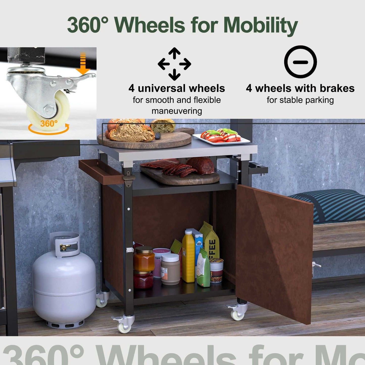 Outdoor Grill Cart with Stainless Steel Tabletop, Storage, Patio Kitchen Island with Wheels, Hooks, and Spice Rack, Waterproof Outdoor Grill Table, Movable BBQ Serving Cart Rolling Bar Cart - luxuryhomedecoridea.com