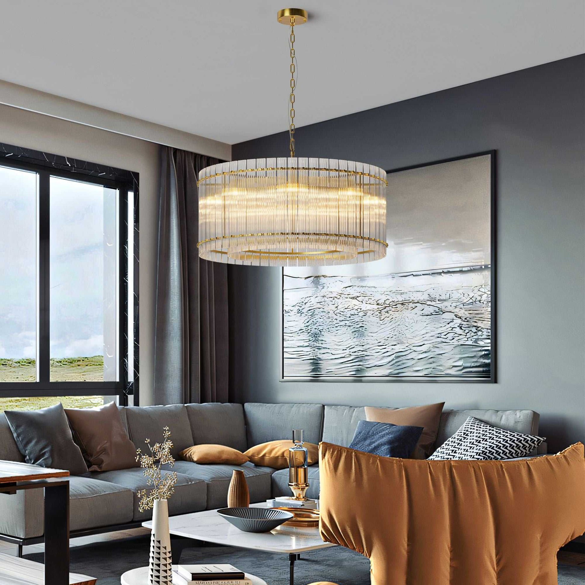37" Modern Gold Round Chandelier,2-Tier 8-Light Water Ripple Crystal Glass Chandeliers,for Dining Room,Living Room,Bedroom,High Ceiling,Foyer Entryway,Luxury Chandelier - luxuryhomedecoridea.com