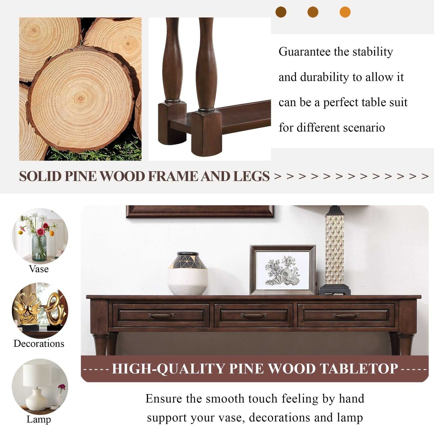63inch Long Wood Console Table with 3 Drawers and 1 Bottom Shelf for Entryway Hallway Easy Assembly Extra-thick Sofa Table( Light Espresso) - luxuryhomedecoridea.com