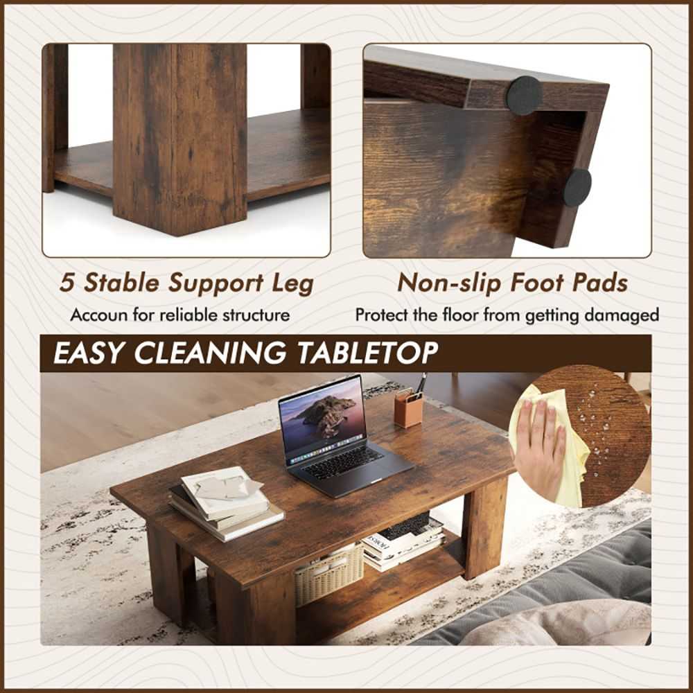 Large 41 Inch 2-tier Wooden Modern Coffee Table with Storage Shelf living room table - luxuryhomedecoridea.com