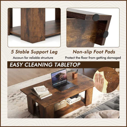 Large 41 Inch 2-tier Wooden Modern Coffee Table with Storage Shelf living room table - luxuryhomedecoridea.com