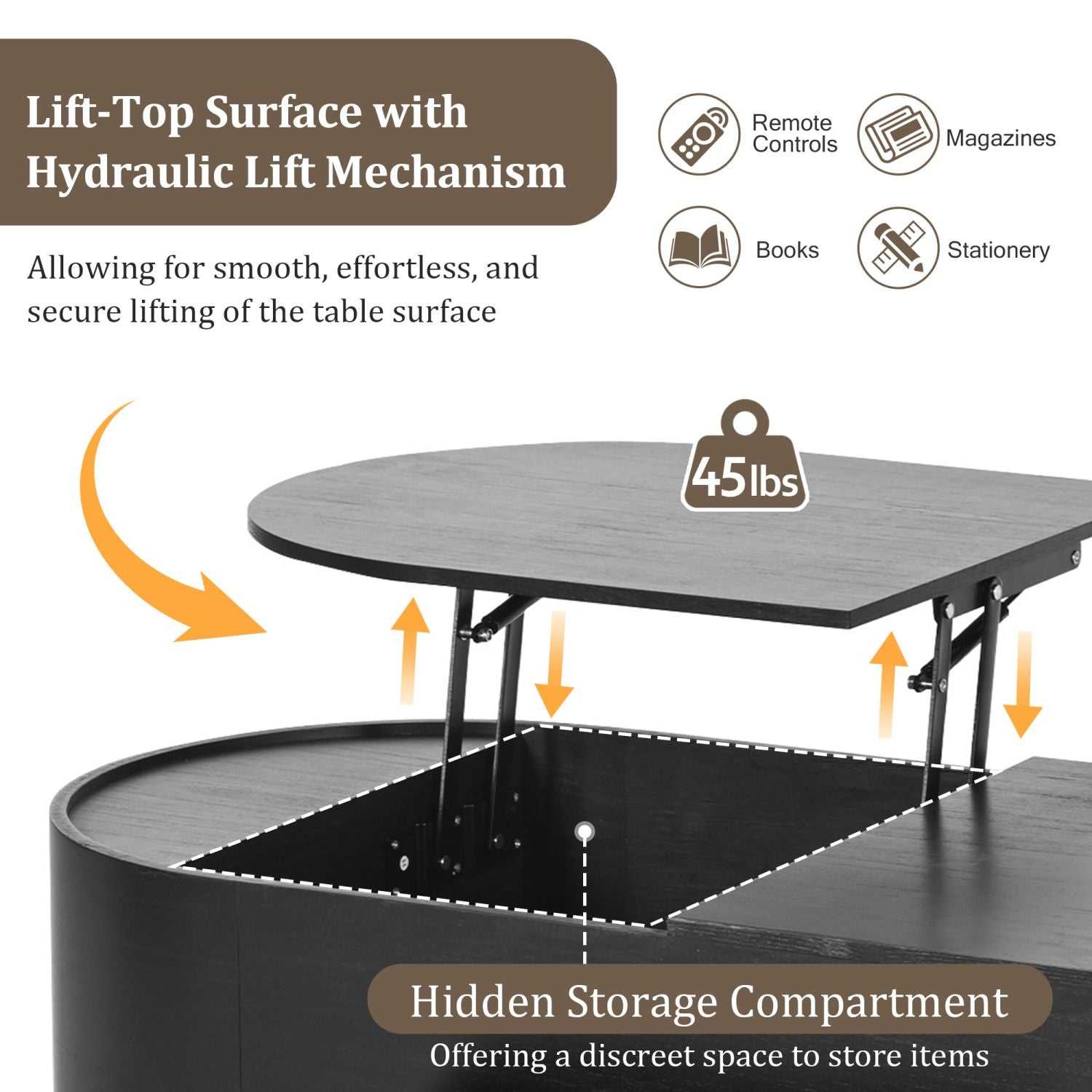 U-Can 47.2''Lift Top Coffee Table with 360-degree Marble-patterned rotating tray,Hidden Compartment, Partially Assembled Wooden Center Table, Modern Oval Lift Tabletop for Home Living Room - luxuryhomedecoridea.com