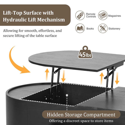 U-Can 47.2''Lift Top Coffee Table with 360-degree Marble-patterned rotating tray,Hidden Compartment, Partially Assembled Wooden Center Table, Modern Oval Lift Tabletop for Home Living Room - luxuryhomedecoridea.com