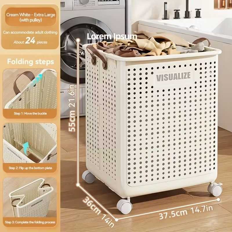 Collapsible Laundry Basket with Wheels, Medium-Large White Ceramic Look Hamper with Faux Leather Handles, Portable and Durable Clothes Storage Bin for Bathroom, Balcony, and Home Organization - luxuryhomedecoridea.com