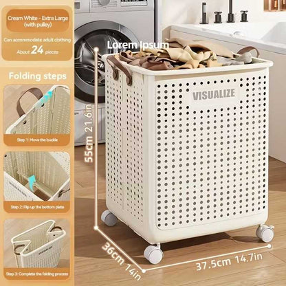 Collapsible Laundry Basket with Wheels, Medium-Large White Ceramic Look Hamper with Faux Leather Handles, Portable and Durable Clothes Storage Bin for Bathroom, Balcony, and Home Organization - luxuryhomedecoridea.com