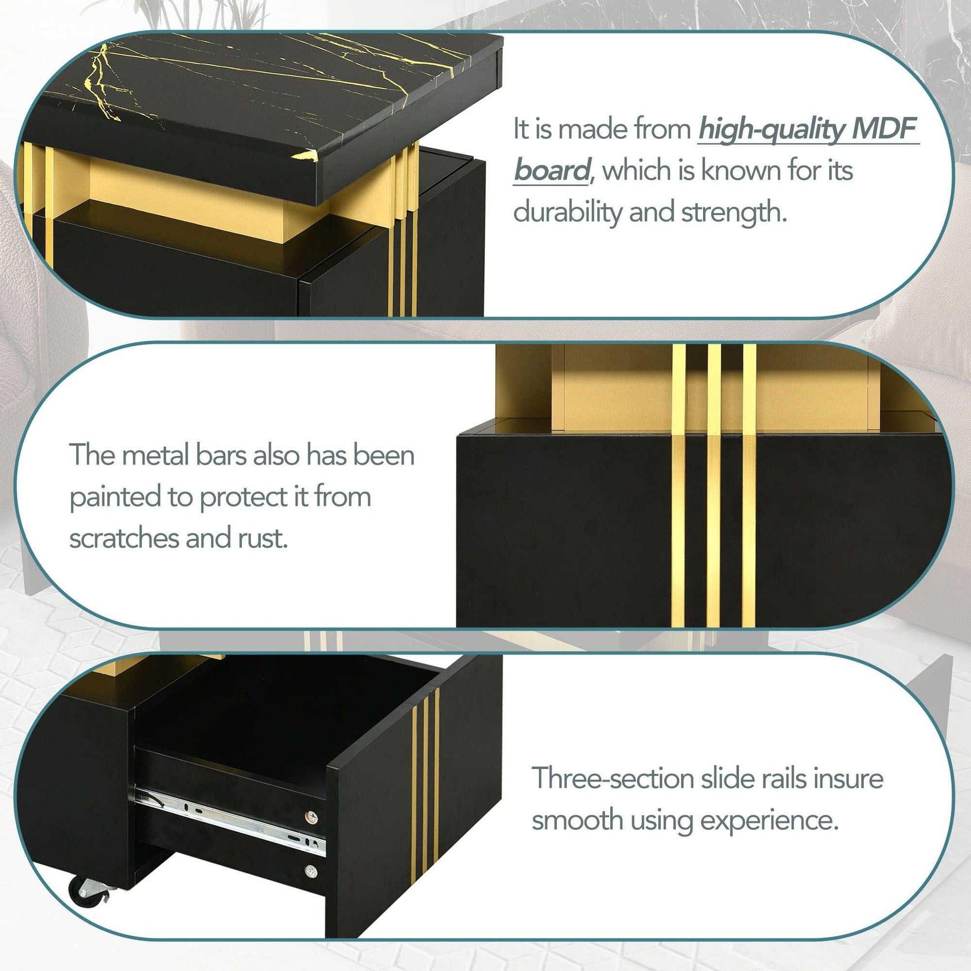 [VIDEO provided] ON-TREND Contemporary Coffee Table with Faux Marble Top, Rectangle Cocktail Table with Caster Wheels, Moderate Luxury Center Table with Gold Metal Bars for Living Room, Black - luxuryhomedecoridea.com