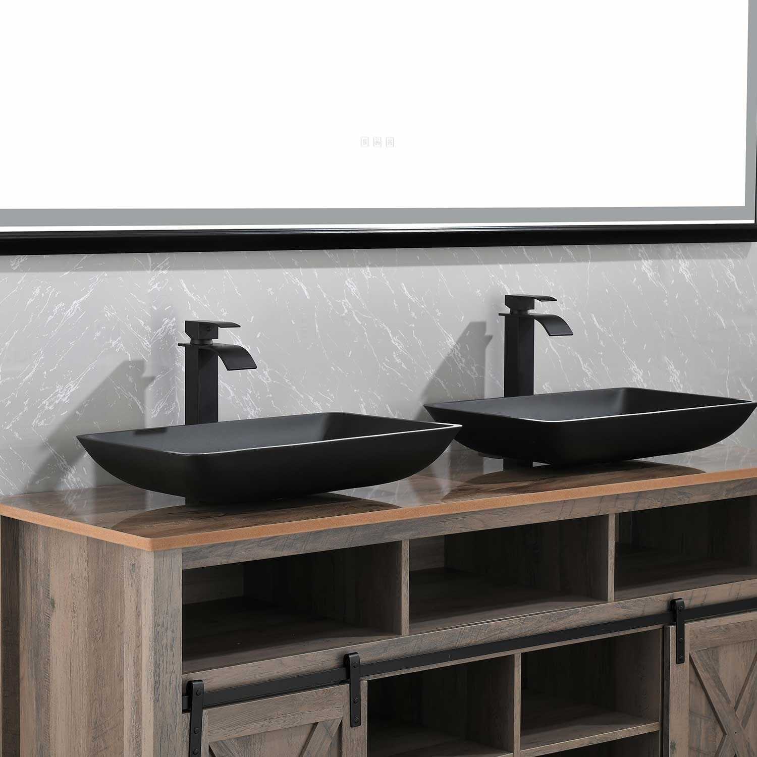 14.38" L -22.25" W -4-3/8 in. H Matte Shell Glass Rectangular Vessel Bathroom Sink in Black with Faucet and Pop-Up Drain in Matte Black - luxuryhomedecoridea.com