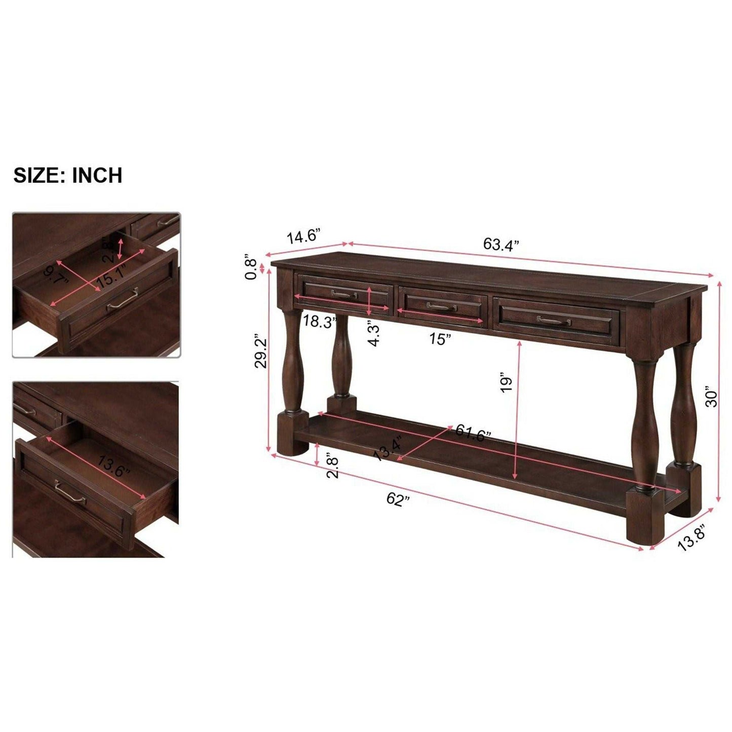 63inch Long Wood Console Table with 3 Drawers and 1 Bottom Shelf for Entryway Hallway Easy Assembly Extra-thick Sofa Table( Light Espresso) - luxuryhomedecoridea.com
