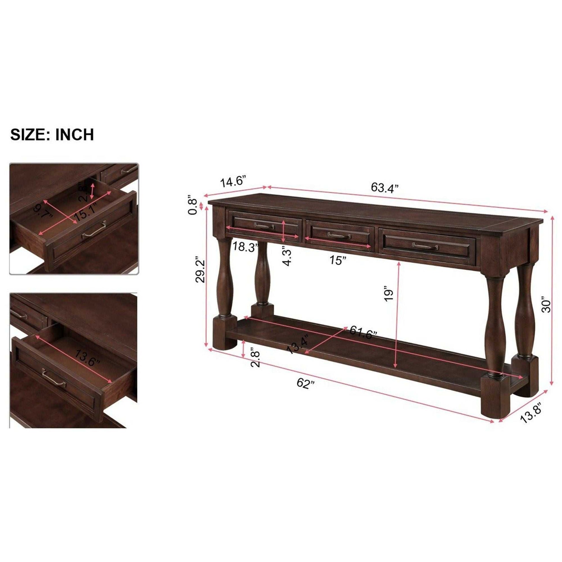 63inch Long Wood Console Table with 3 Drawers and 1 Bottom Shelf for Entryway Hallway Easy Assembly Extra-thick Sofa Table( Light Espresso) - luxuryhomedecoridea.com