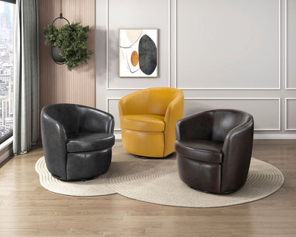 Luxury Living Room Furniture Swivel Chair Yellow Top Grain Leather Upholstery Solid Wood 1pc Barrel Back Accent Chair - luxuryhomedecoridea.com