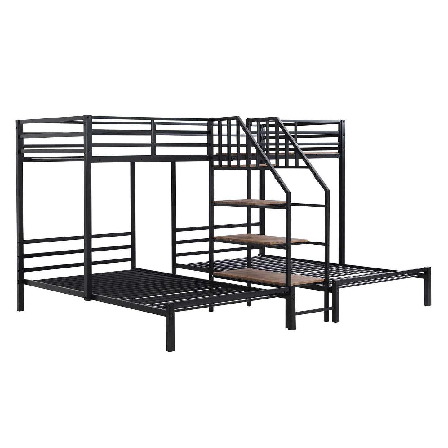 Metal Twin over Twin & Twin Bunk Bed, Triple Bunk Bed with Storage Shelves Staircase, Black - luxuryhomedecoridea.com