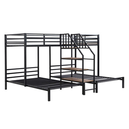 Metal Twin over Twin & Twin Bunk Bed, Triple Bunk Bed with Storage Shelves Staircase, Black - luxuryhomedecoridea.com