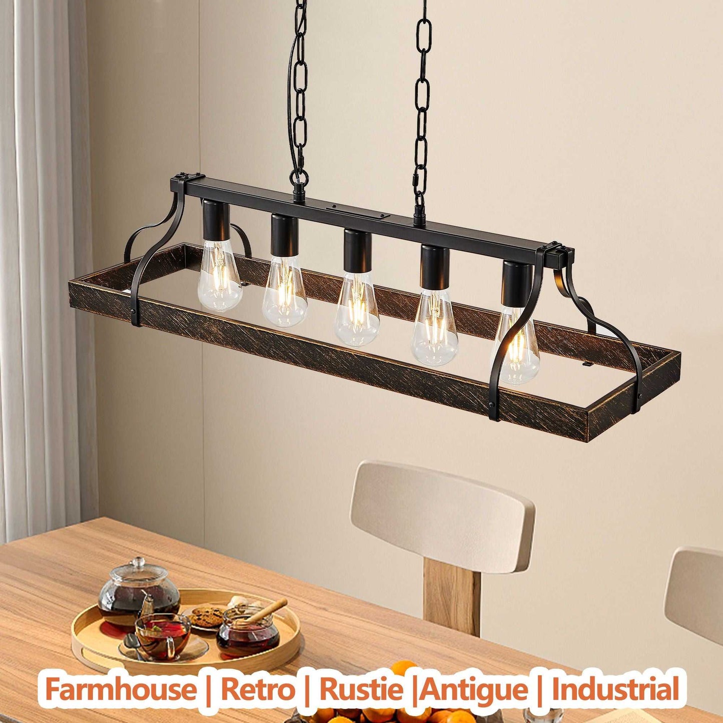 33.7-Inch Black and Gold Vintage Pendant Light, 5 E26 Bulb Sockets, Adjustable Chain Height – Antique Style Chandelier for Dining Room, Kitchen, or Living Room (Bulb Not Included) - luxuryhomedecoridea.com