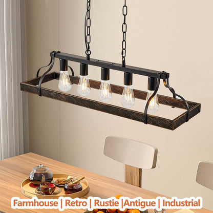 33.7-Inch Black and Gold Vintage Pendant Light, 5 E26 Bulb Sockets, Adjustable Chain Height – Antique Style Chandelier for Dining Room, Kitchen, or Living Room (Bulb Not Included) - luxuryhomedecoridea.com