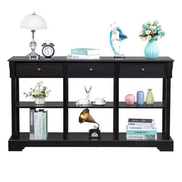 Console Sofa Table with Ample Storage; Retro Kitchen Buffet Cabinet Sideboard with Open Shelves and 3 Drawers; Accent Storage Cabinet for Entryway/Living Room Black Color - luxuryhomedecoridea.com