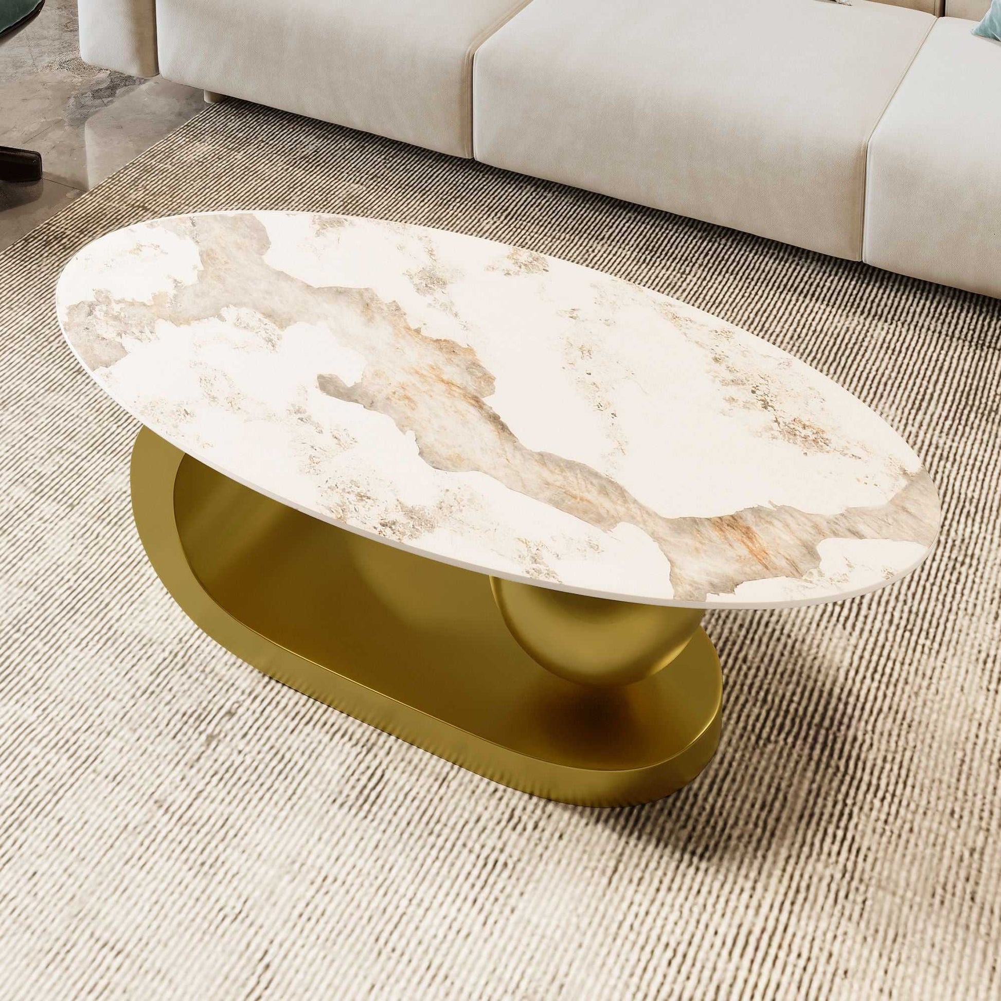 Modern Oval Coffee Table for Living Room, Marble Pattern Sintered Stone Coffee Tabletop with Gold Stainless Steel Base in 47.2" - luxuryhomedecoridea.com