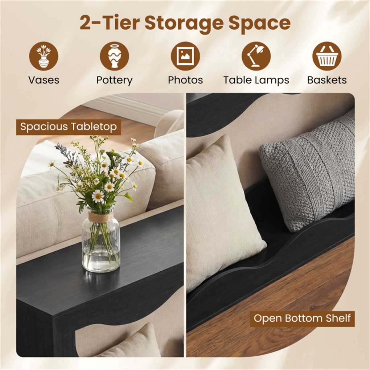 63" Narrow Console Table with Wavy Hollow Design, 2-Tier Extra Long Entryway Table with Storage Shelf - Black - luxuryhomedecoridea.com